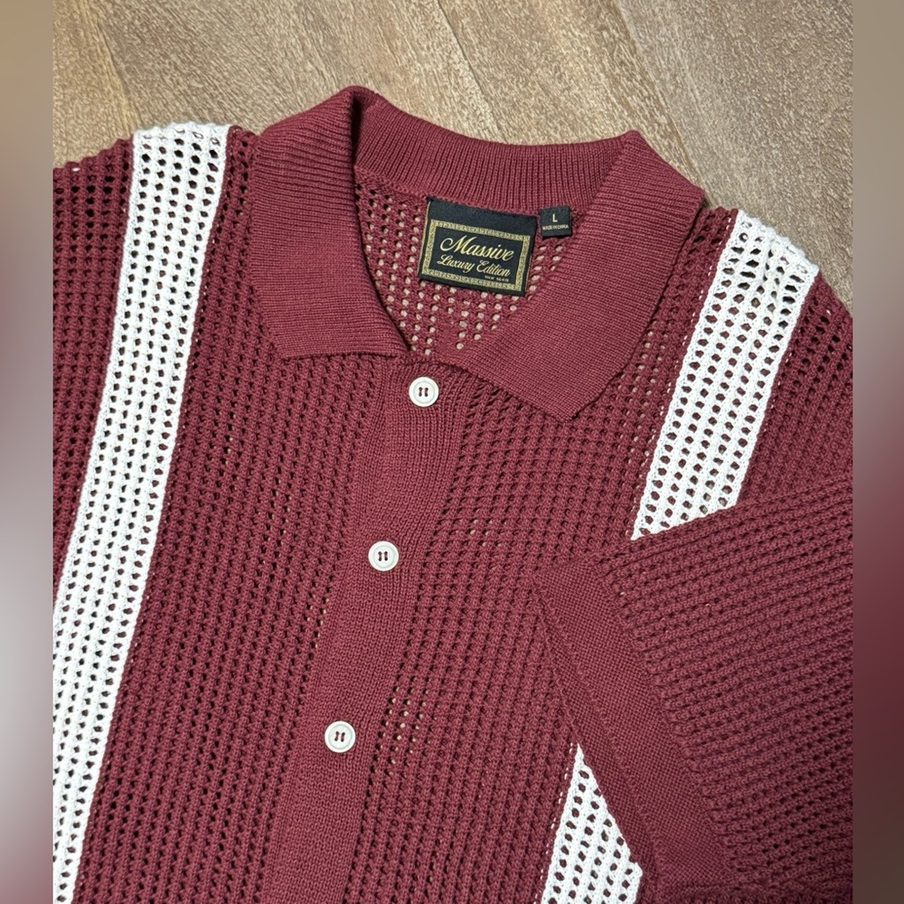Massive Luxury Edition Men’s Crochet Knit Button Down Collard Top Size Large